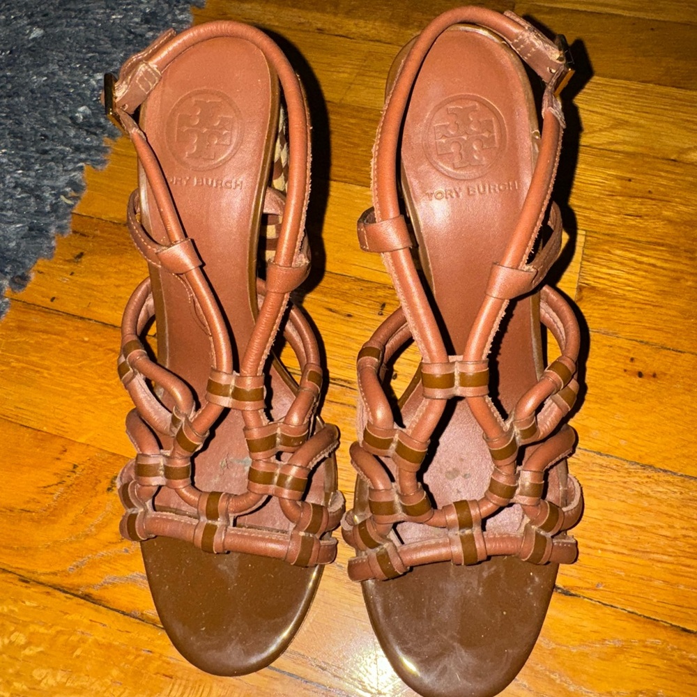 Tory Burch Womens Brown Open Toed Block Checkered Heels